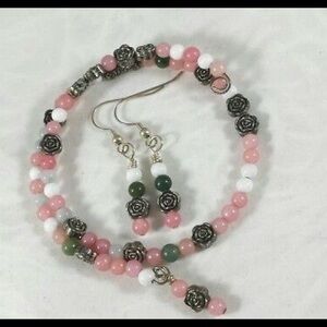 Silver Tone Roses & Beads Bracelet & Earri…